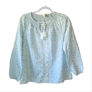 Joie Linen Blend Embroidered Tassle Boho Balloon Sleeve Floral Blouse